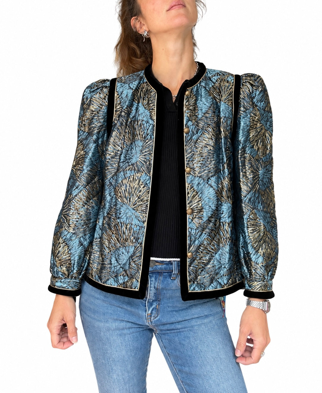 Veste vintage jacquard bleu or