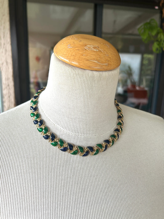 Collier vintage émaillé vert bleu maillons feuilles