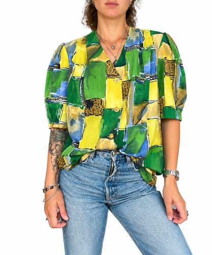 Chemisier vintage imprimé abstrait vert jaune