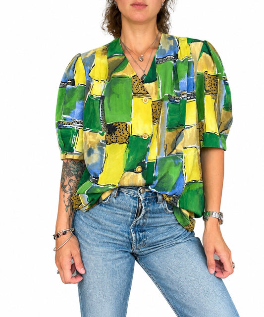 Chemisier vintage imprimé abstrait vert jaune