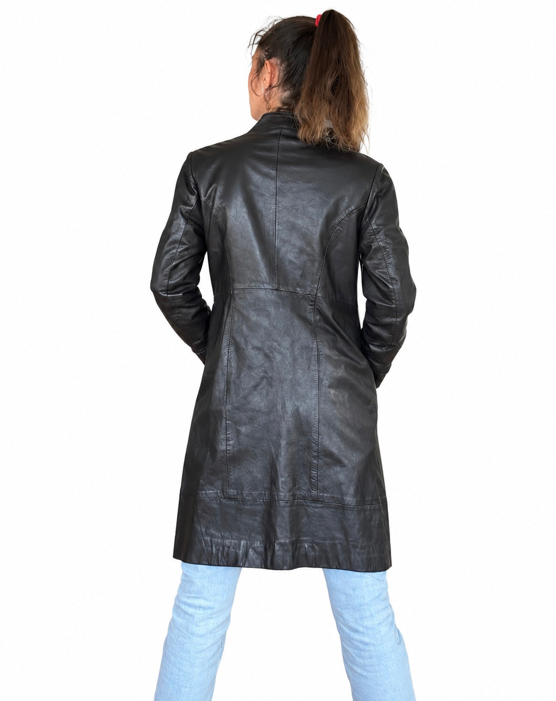 Veste longue vintage cuir noir