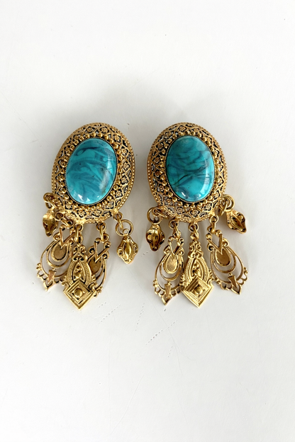 Boucles d’oreille clips vintage dorées cabochon turquoise