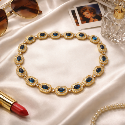 Collier vintage signé doré pierres bleu saphir