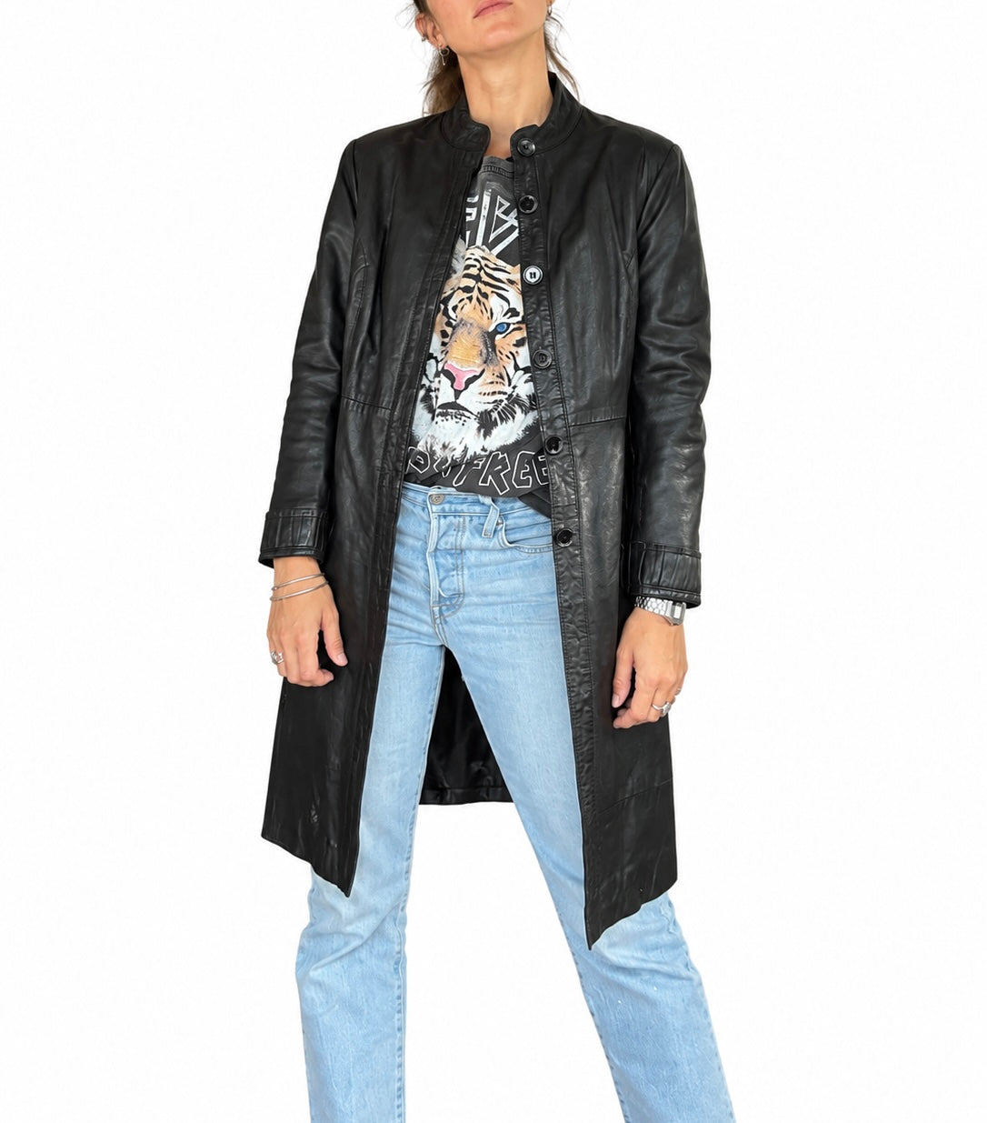 Veste longue vintage cuir noir