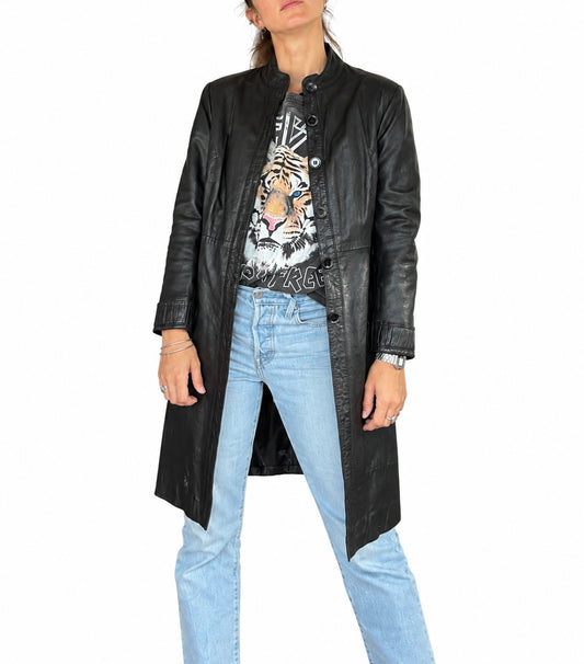 Veste longue vintage cuir noir