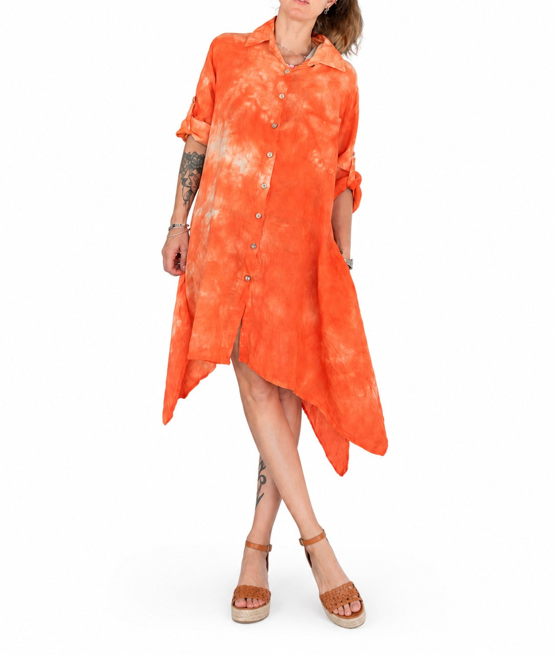 Robe chemise asymétrique lin tie dye