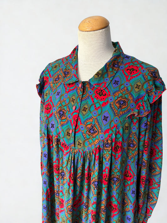 Robe vintage bohème graphique multicolore – années 70/80