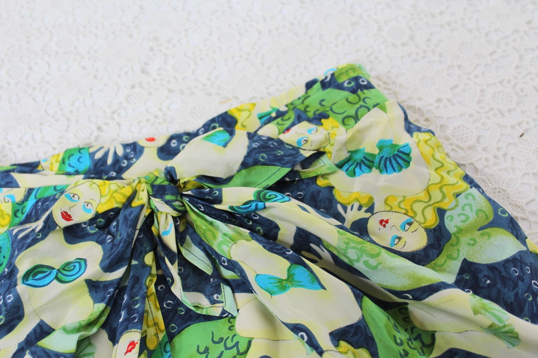 Jupe vintage nouée soie motifs sirène vert jaune