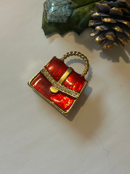 Broche vintage sac à main émaillé rouge et strass la friperie vintage 25