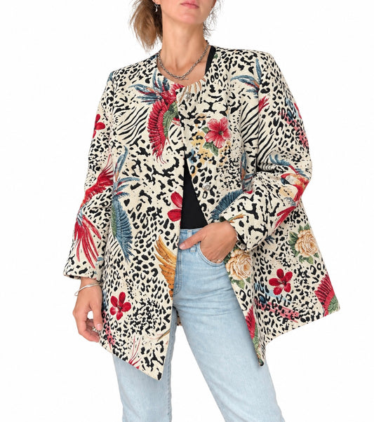 Veste tapisserie motif animalier et fleuri vintage