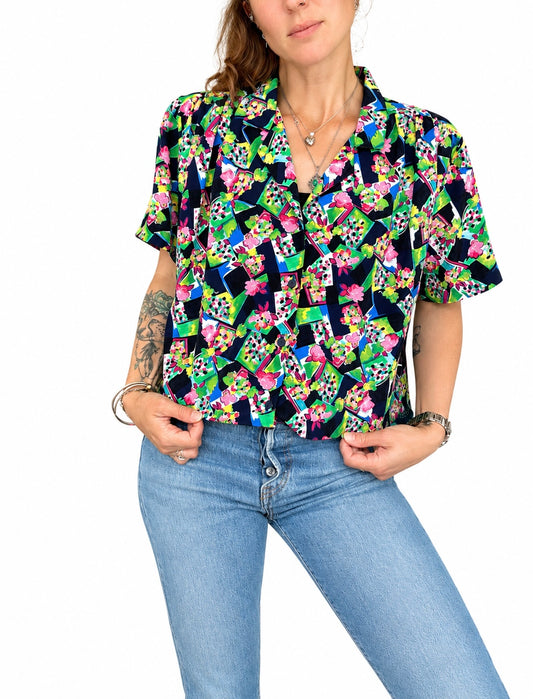 Chemisier vintage motifs floral multicolore