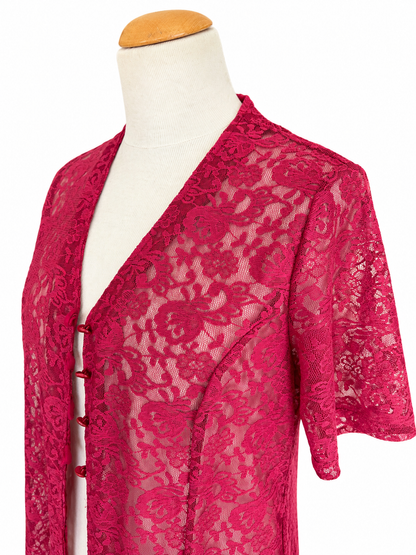 Gilet long dentelle framboise vintage