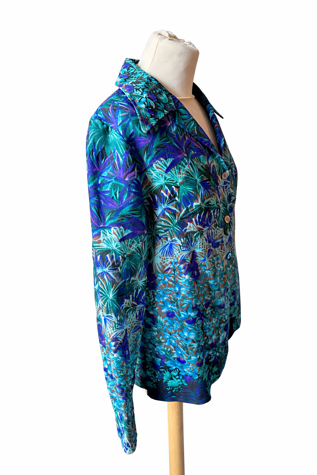 Chemisier vintage imprimé tropical bleu vert