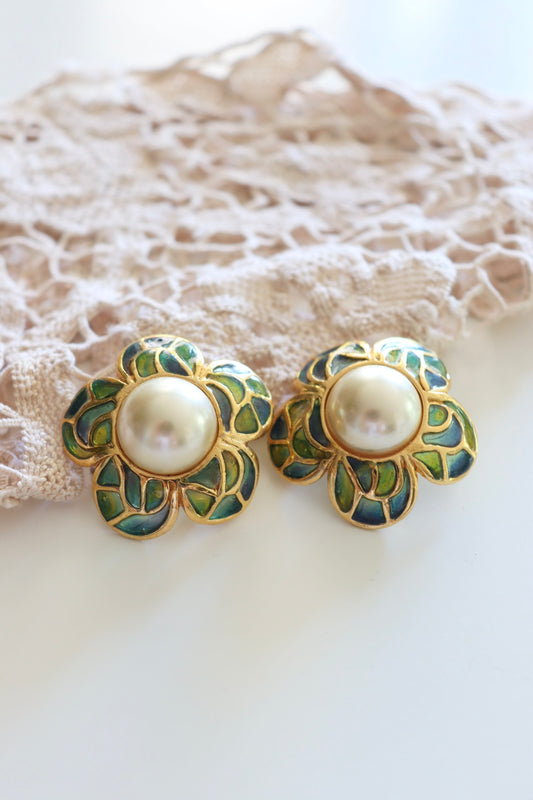 Boucles d'oreille à clips vintage fleur bleu vert la friperie vintage 25