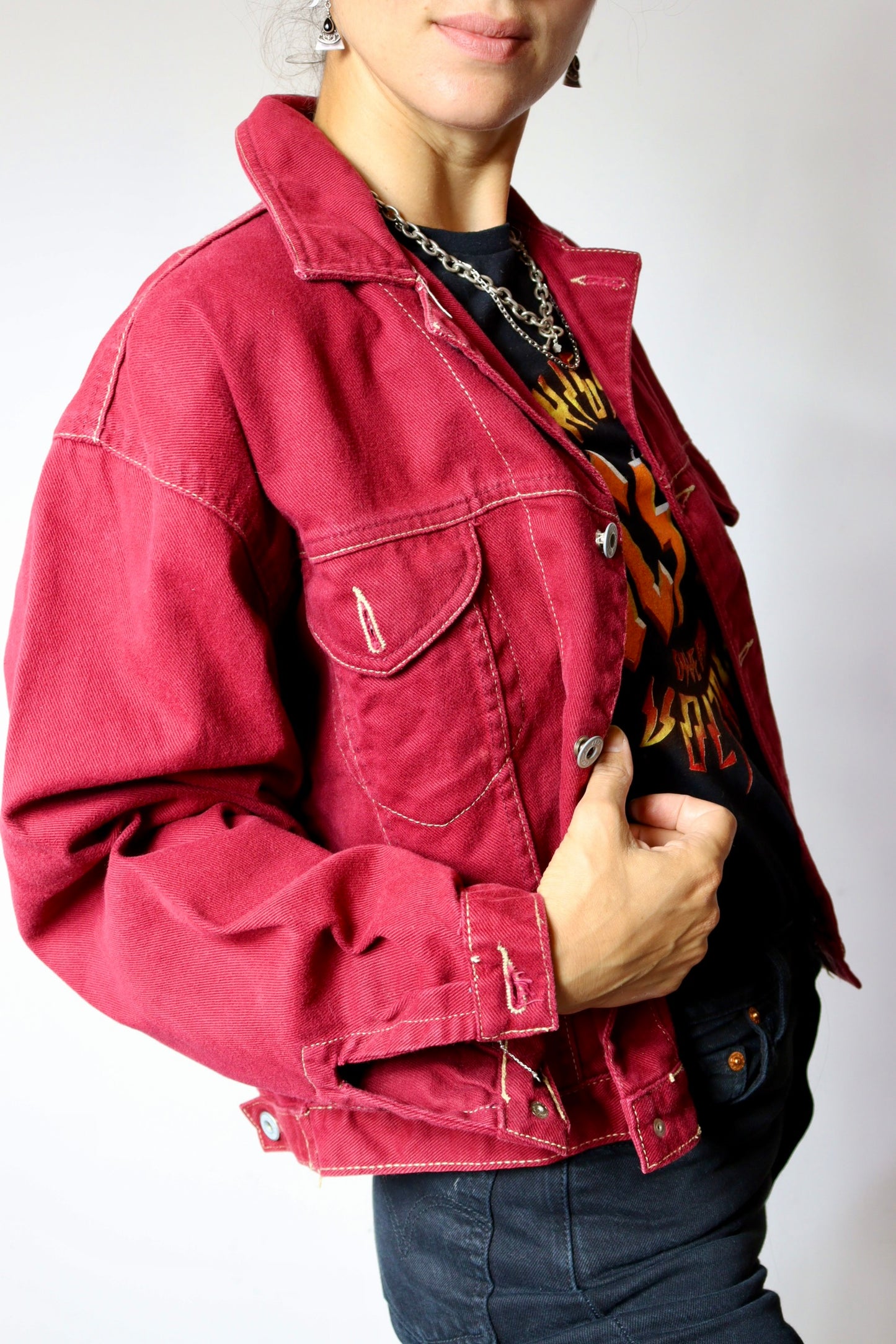 Veste en jean vintage rouge foncé 90's