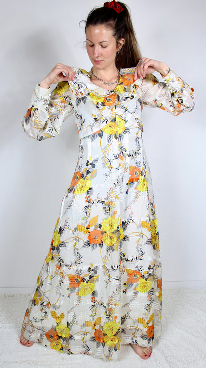 Robe longue vintage bohème été années 70 blanche fleuris orange la friperie vintage 25