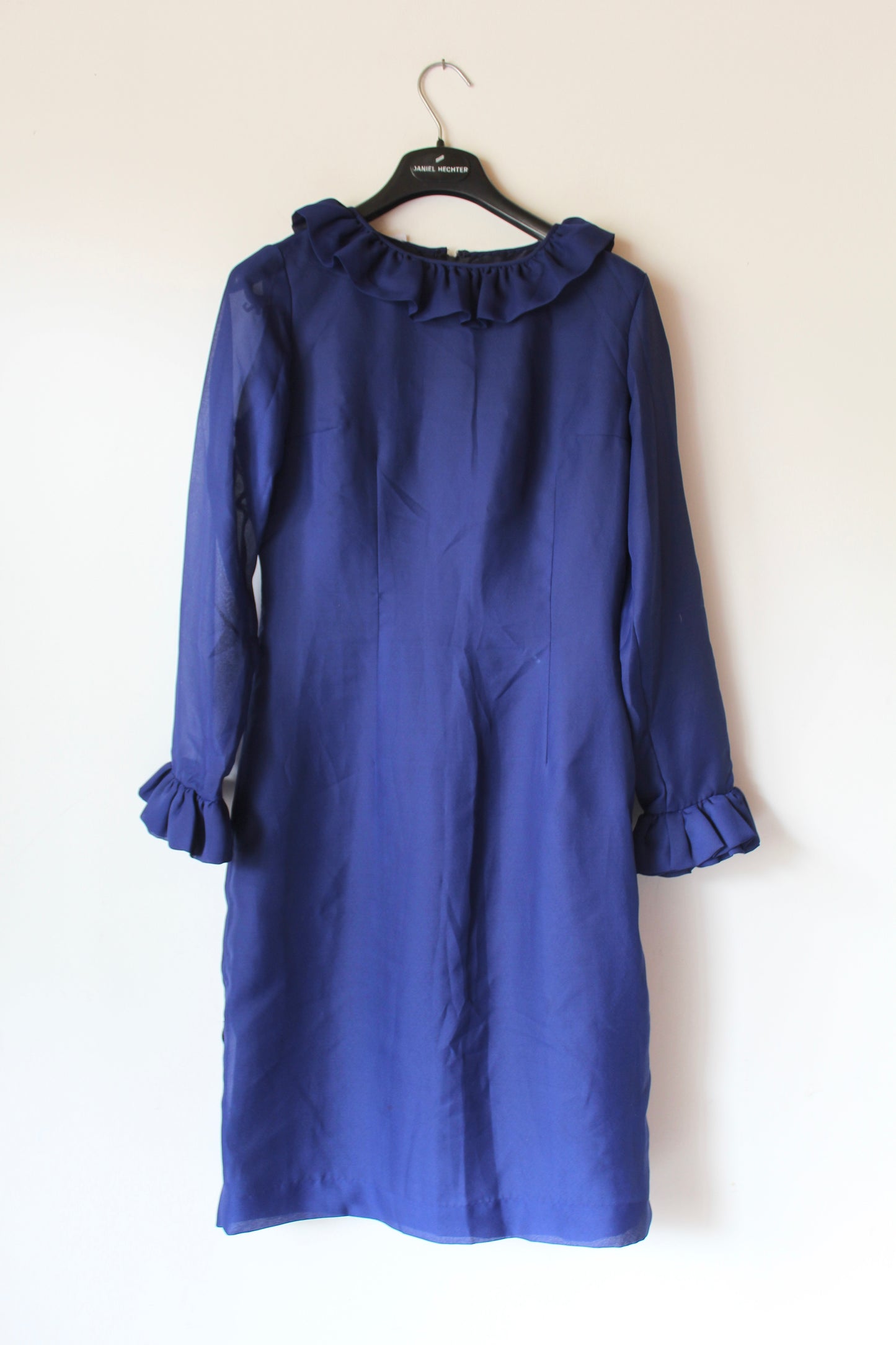 Robe vintage bleu roi manches transparentes à colerette