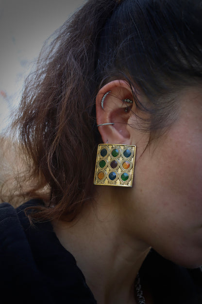 Boucles d'oreille à clips vintage carré coloré doré la friperie vintage 25
