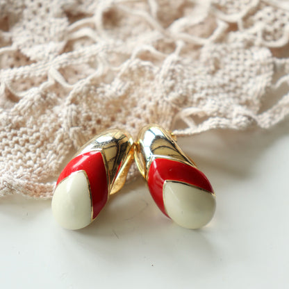 Boucles d'oreille à clips vintage pétale émaillée rouge blanc la friperie vintage 25