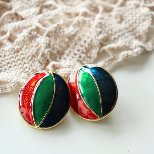 Boucles d'oreille vintage à clips rondes tricolore la friperie vintage 25