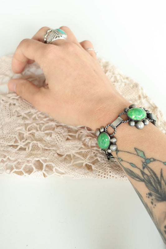 Bracelet vintage années 70 métal argent et vert la friperie vintage 25