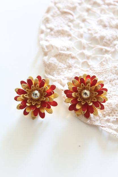 Boucles d'oreille à clips vintage fleur rouge et or la friperie vintage 25