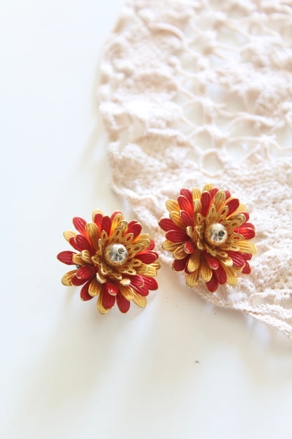 Boucles d'oreille à clips vintage fleur rouge et or la friperie vintage 25