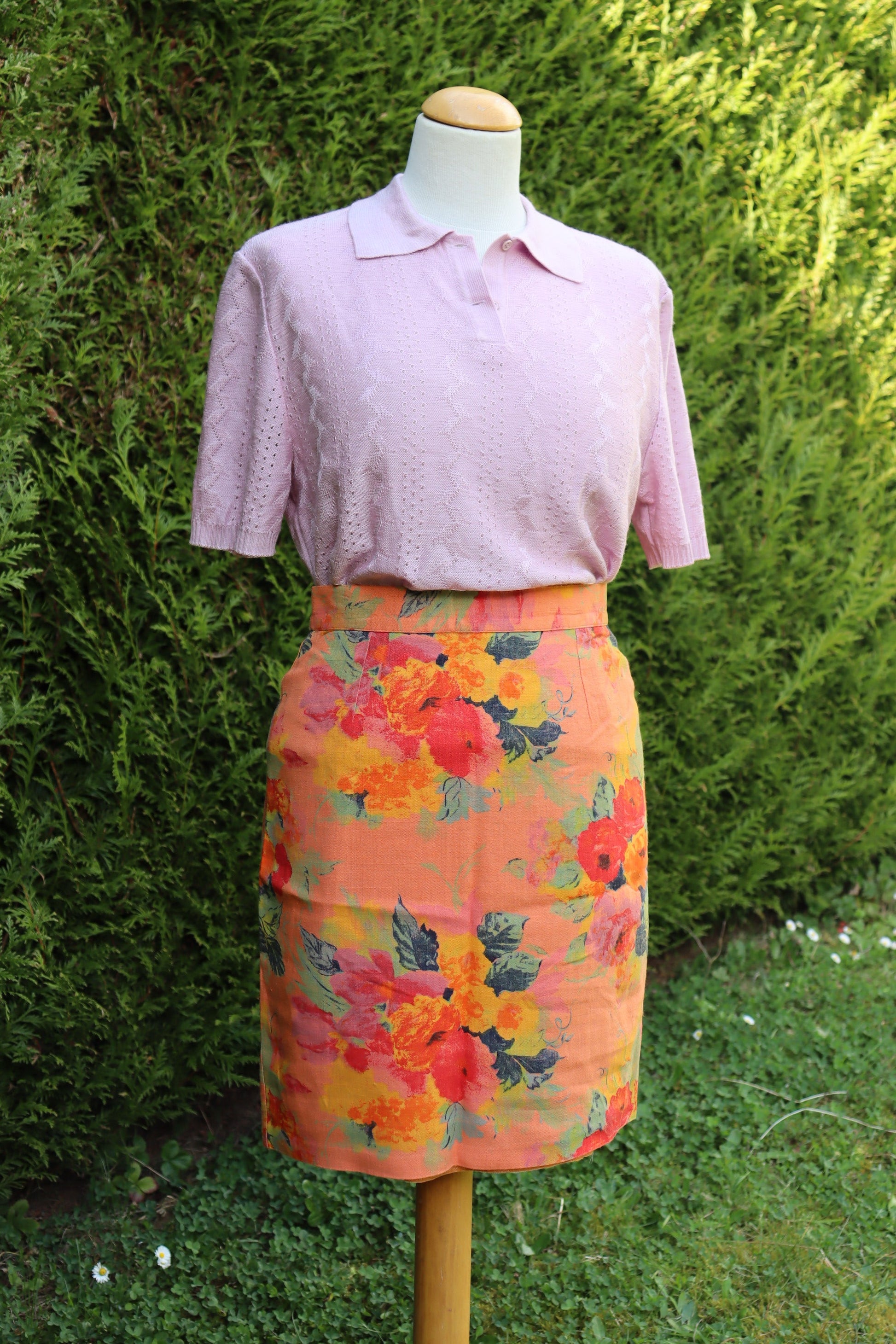 Jupe vintage motifs fleurs orange lin la friperie vintage 25