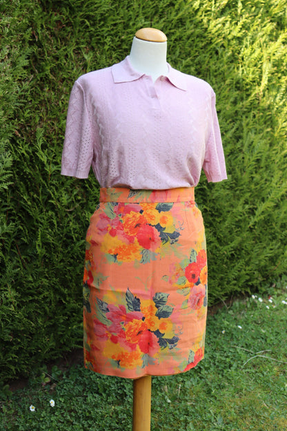 Jupe vintage motifs fleurs orange lin la friperie vintage 25
