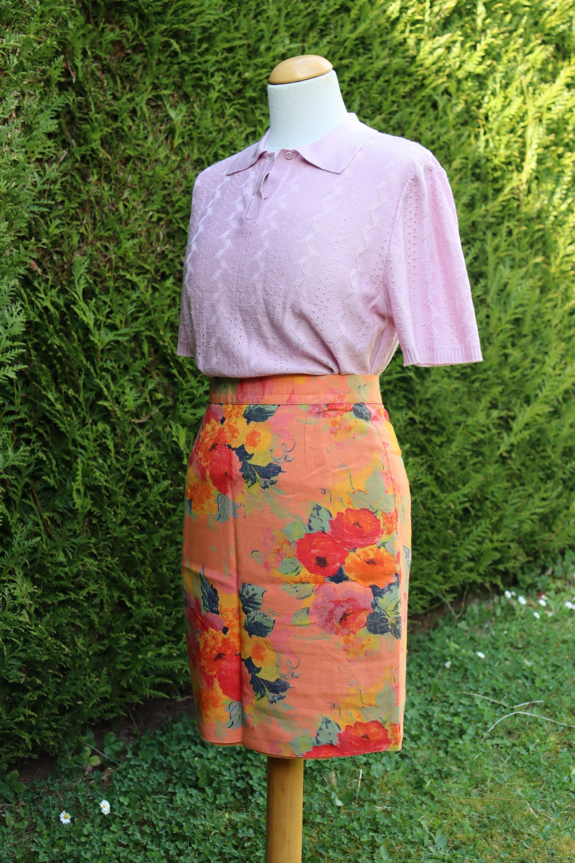 Jupe vintage motifs fleurs orange lin la friperie vintage 25