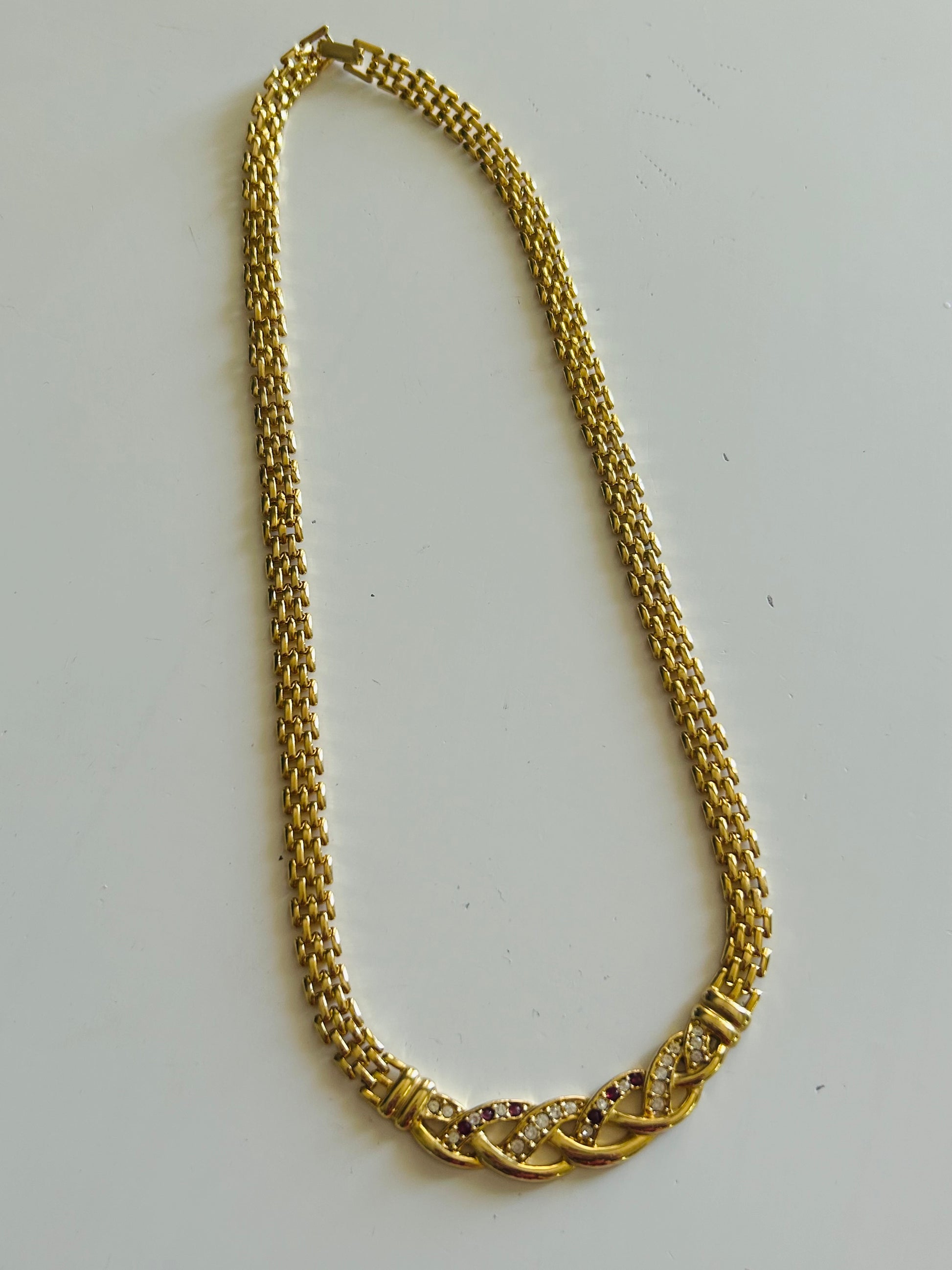 Collier vintage mailles grain de riz métal doré et strass la friperie vintage 25