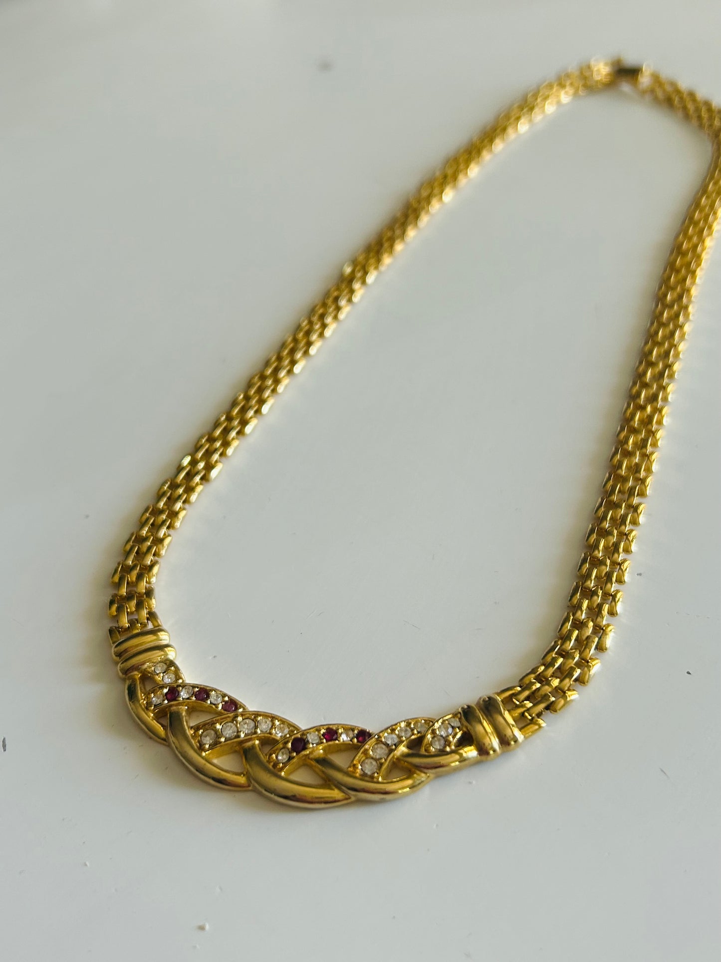 Collier vintage mailles grain de riz métal doré et strass la friperie vintage 25