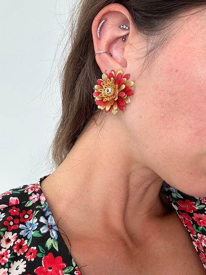 Boucles d'oreille à clips vintage fleur rouge et or la friperie vintage 25