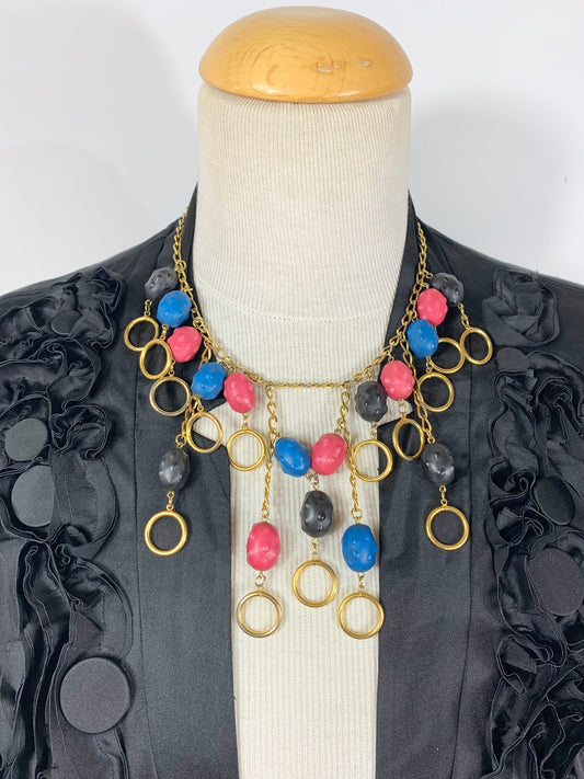 Collier vintage Wilma Spagli Italie perles bleu rose noir et chaine dorées