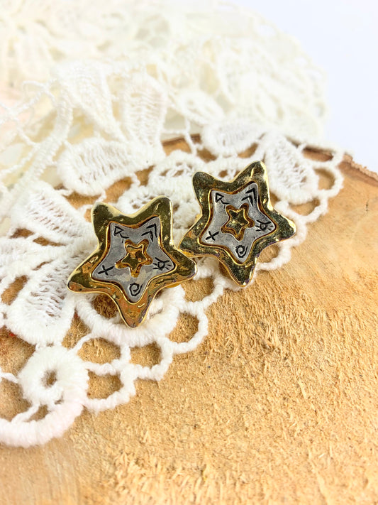 Boucles d'oreilles clips vintage étoile métal argent et or