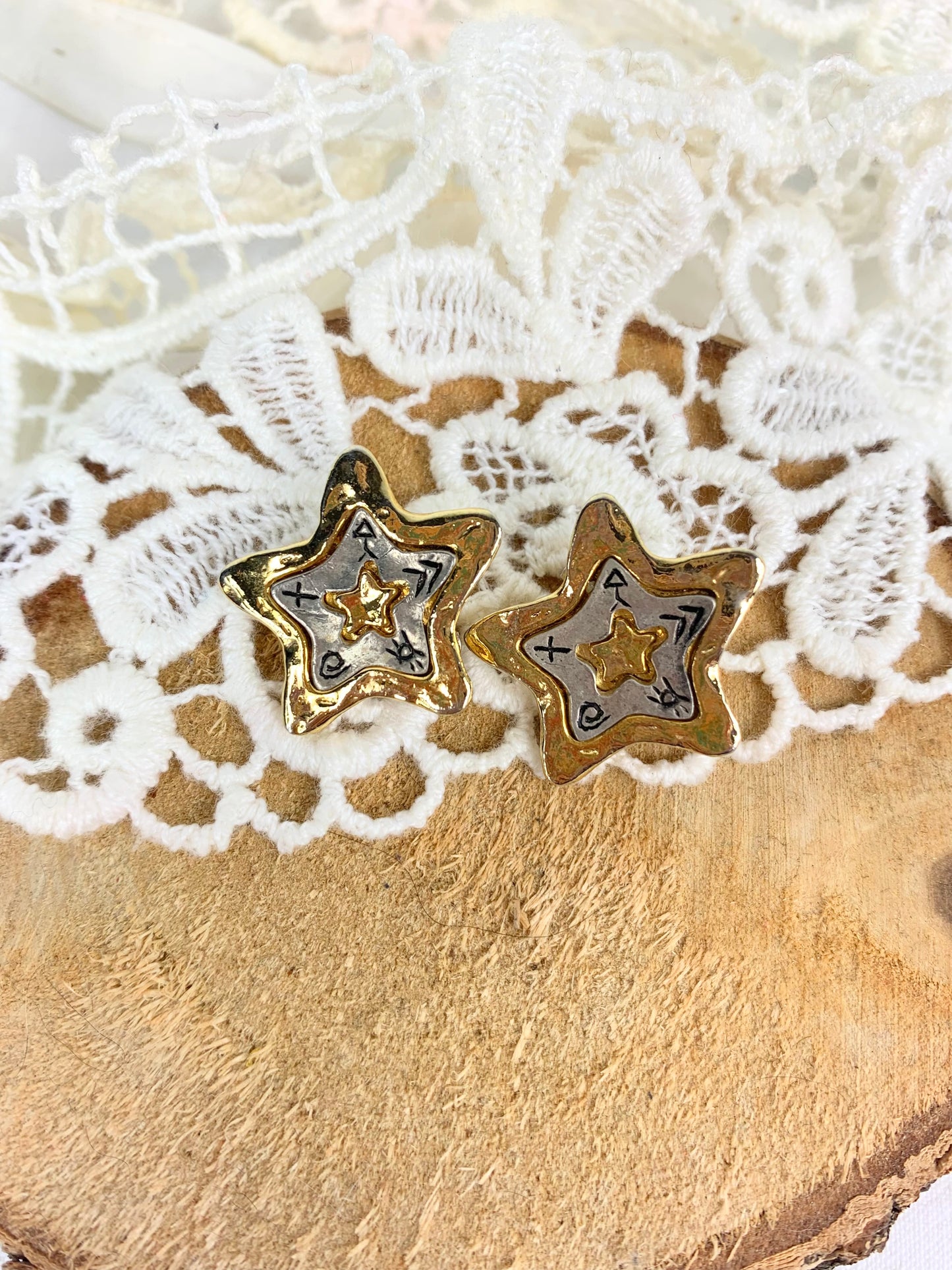 Boucles d'oreilles clips vintage étoile métal argent et or