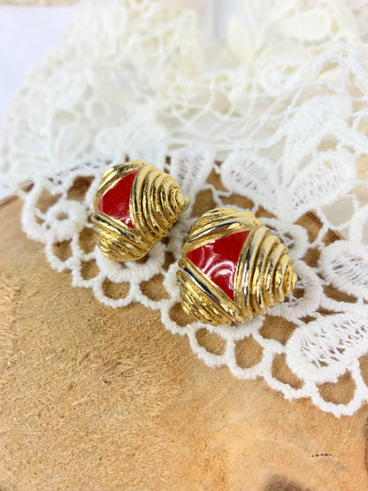 Boucles d'oreilles vintage clips triangle bombé or et rouge émaillé