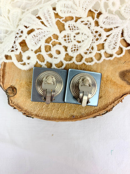 Clips vintage carrés argent et gris géométriques