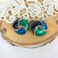 Clips d'oreilles vintage rond émaillés noir bleu vert sur métal argent