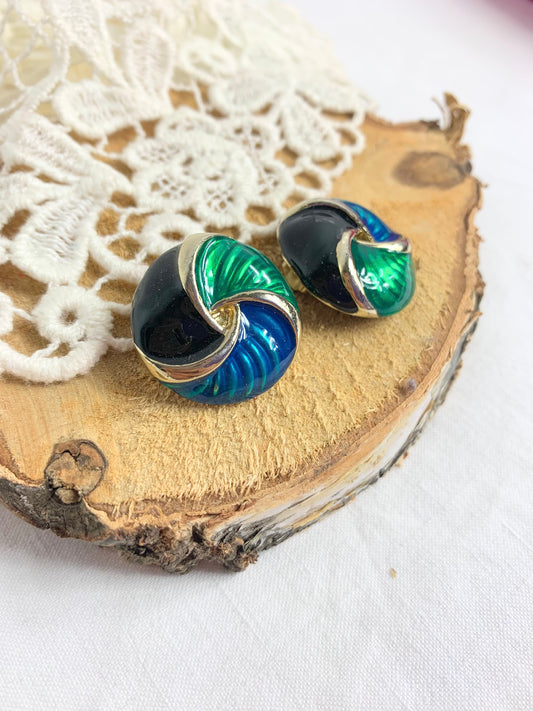 Clips d'oreilles vintage rond émaillés noir bleu vert sur métal argent