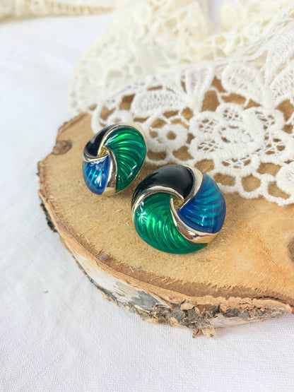 Clips d'oreilles vintage rond émaillés noir bleu vert sur métal argent la friperie vintage 25