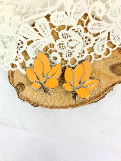 Clips d'oreille vintage feuilles émaillées orange la friperie vintage 25