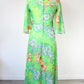 Robe longue vintage années 70 hippy verte motifs fleuris manches amples