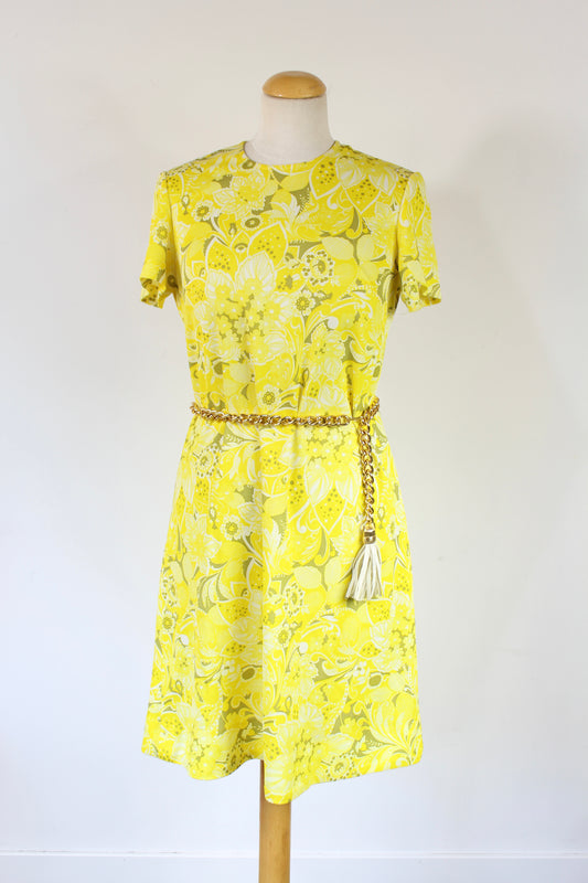 Robe vintage manches courtes jaune à motifs années 70