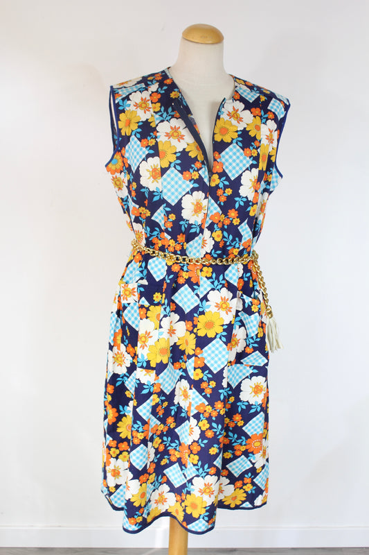 Robe blouse vintage sans manches bleu imprimé fleurs orange années 70