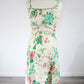 Robe vintage écru à motifs fleurs sauvages vertes et rose lin coton