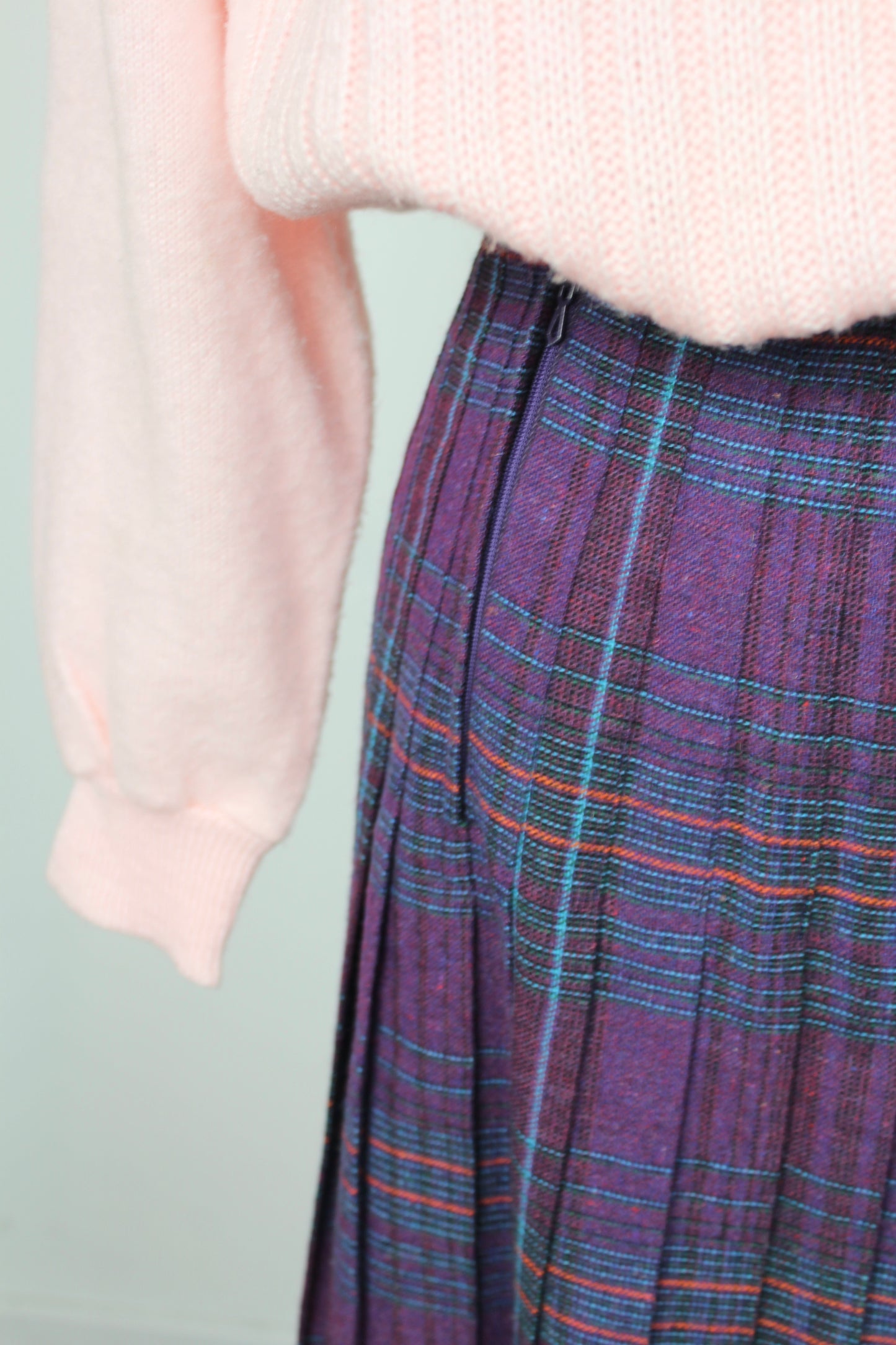 Jupe vintage plissée carreaux écossais violet taille haute
