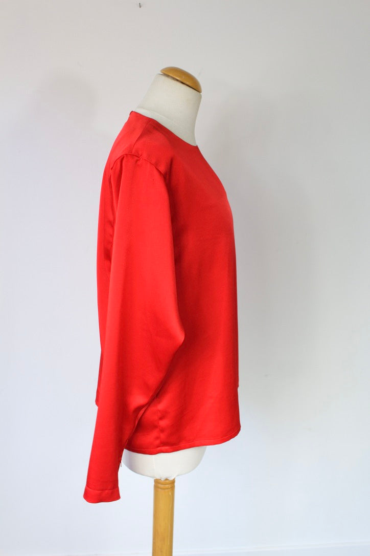 Blouse vintage rouge satin manches longues Lilian Fell France