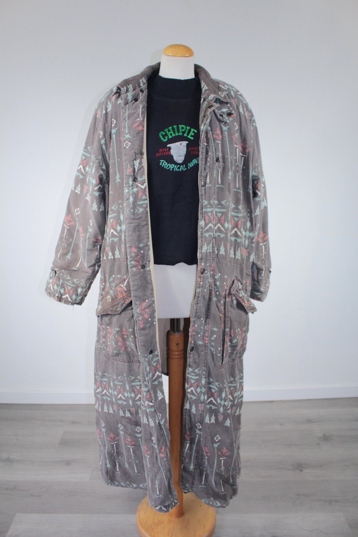 Manteau long vintage ethnique 90's motifs bleu rose