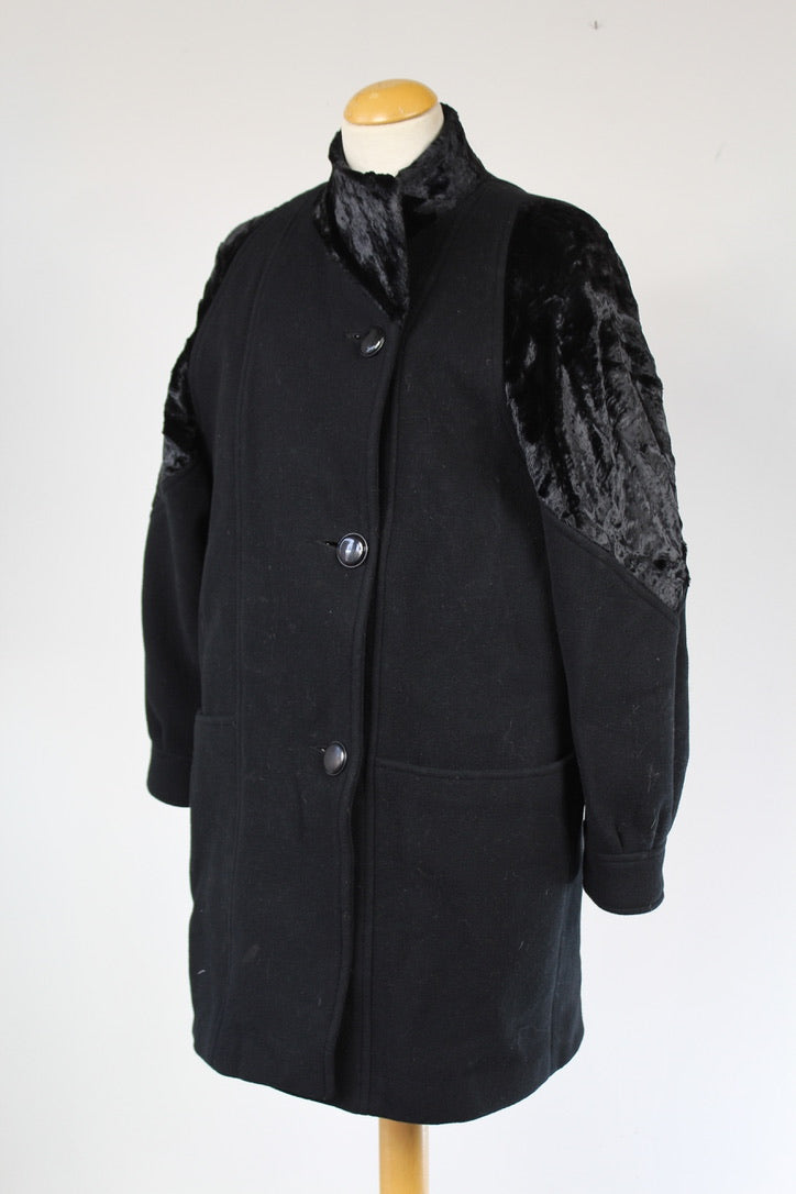 Manteau vintage noir laine bimatière velours France